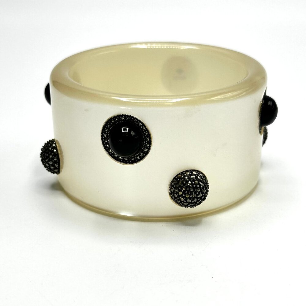 Vintage Judith Jack Pearlescent  Lucite, Marcasite & Onyx Bangle Bracelet — EUC